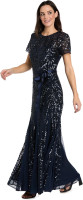 R&M Richards Women's Elegant Short Sleeve Sequin Panel Godet Dress W/Waist Sash| Embellished Gown Evening Cocktail Party 12 Navy