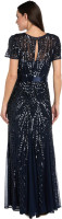 R&M Richards Women's Elegant Short Sleeve Sequin Panel Godet Dress W/Waist Sash| Embellished Gown Evening Cocktail Party 12 Navy