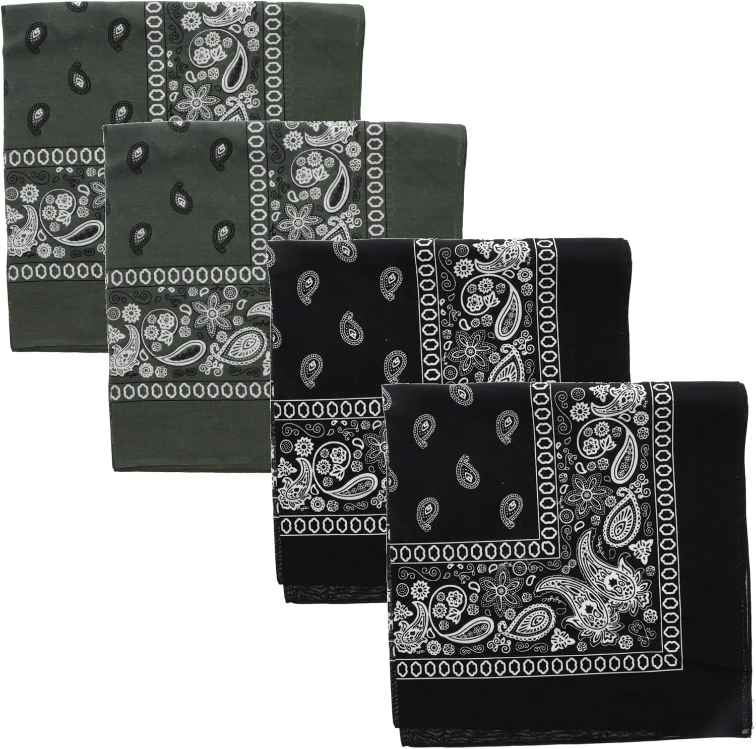 Motique Accessories Extra Large Paisley Bandana 27x27 Inch - Set of 4 2 Olive 2 Black