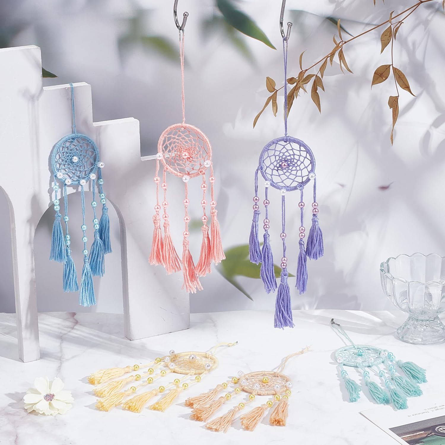 INFUNLY 24PCS DIY Small Dream Catcher Kits for Beginners Colorful Handmade Dreamcatcher Kit for Starters DIY Mini Ornament Making Kit for Bedroom Car Mirror Keychain bag Bohemian Decoration Craft Gift