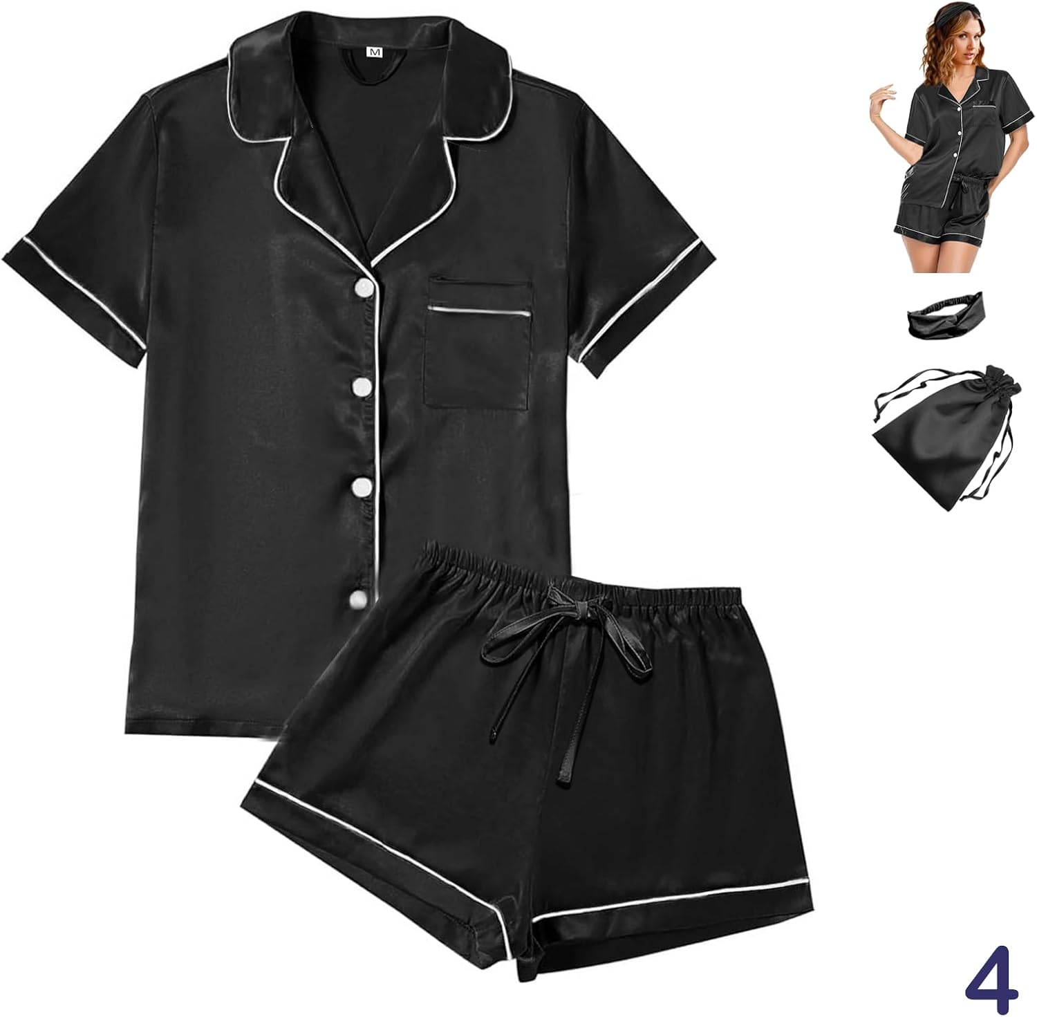 4Pcs Womens Satin Silky Pajama Sets Short Sleeve Shirt XS-4XL Floral Pajamas Set Soft PJ Loungewear Sleepwear Small Sage-w