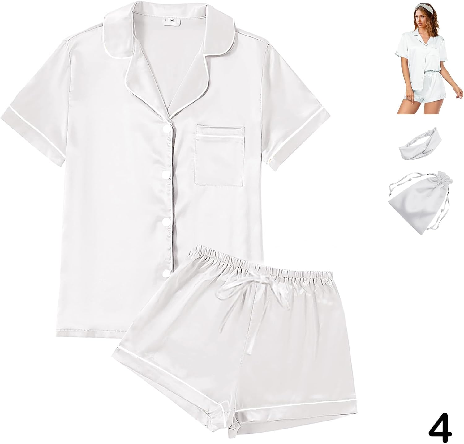 4Pcs Womens Satin Silky Pajama Sets Short Sleeve Shirt XS-4XL Floral Pajamas Set Soft PJ Loungewear Sleepwear Small Sage-w