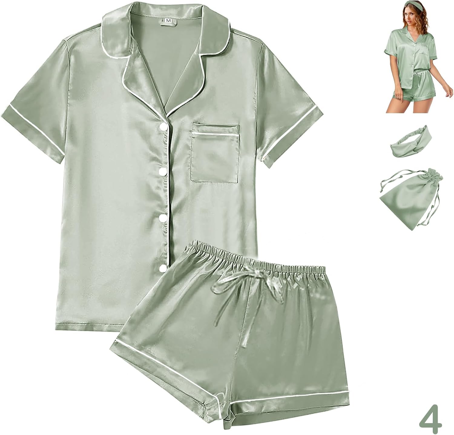 4Pcs Womens Satin Silky Pajama Sets Short Sleeve Shirt XS-4XL Floral Pajamas Set Soft PJ Loungewear Sleepwear Small Sage-w