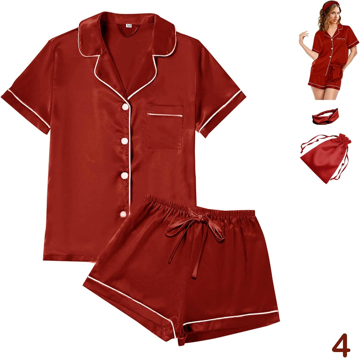 4Pcs Womens Satin Silky Pajama Sets Short Sleeve Shirt XS-4XL Floral Pajamas Set Soft PJ Loungewear Sleepwear Small Sage-w