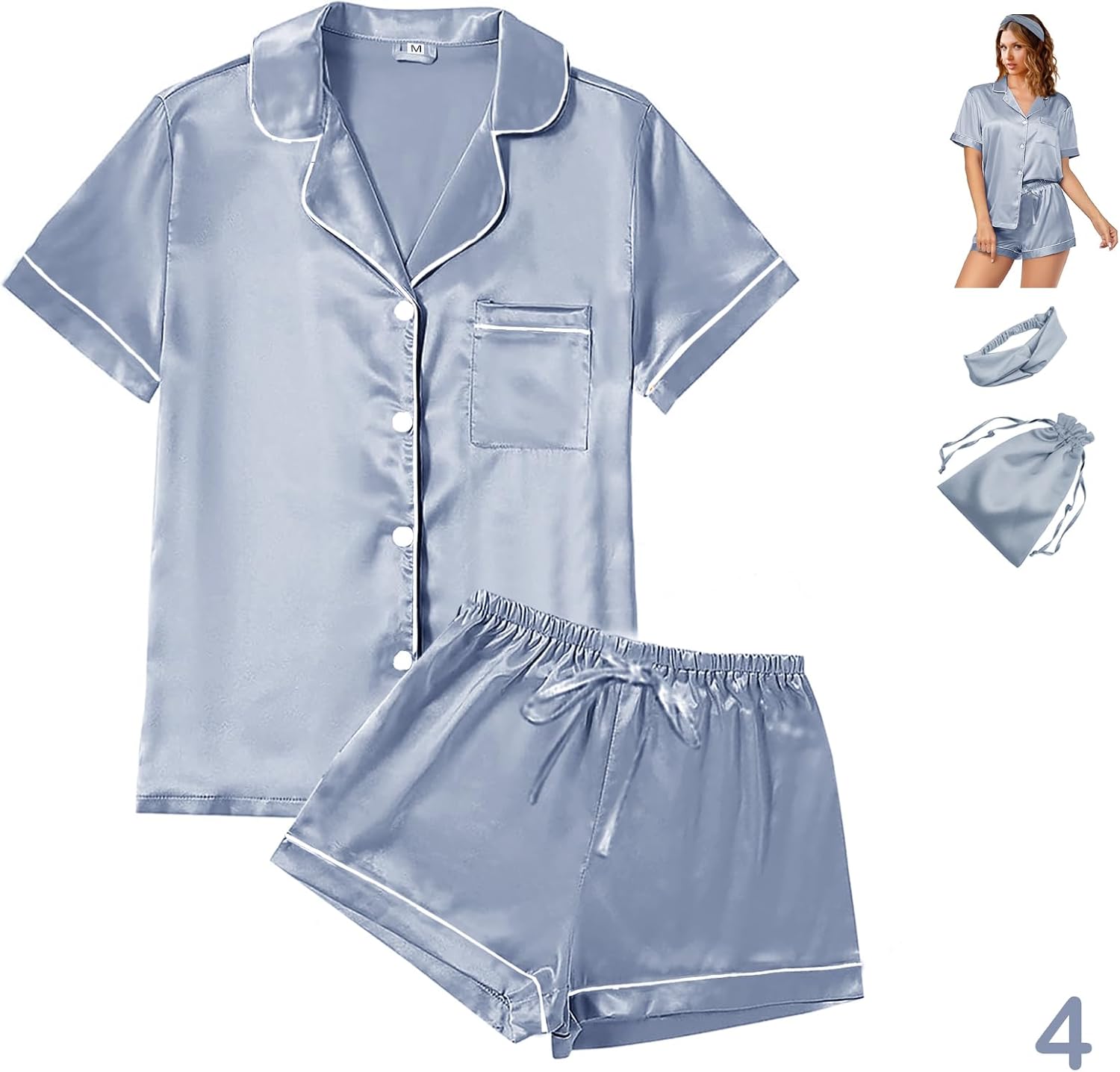 4Pcs Womens Satin Silky Pajama Sets Short Sleeve Shirt XS-4XL Floral Pajamas Set Soft PJ Loungewear Sleepwear Small Sage-w