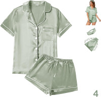 4Pcs Womens Satin Silky Pajama Sets Short Sleeve Shirt XS-4XL Floral Pajamas Set Soft PJ Loungewear Sleepwear Small Sage-w