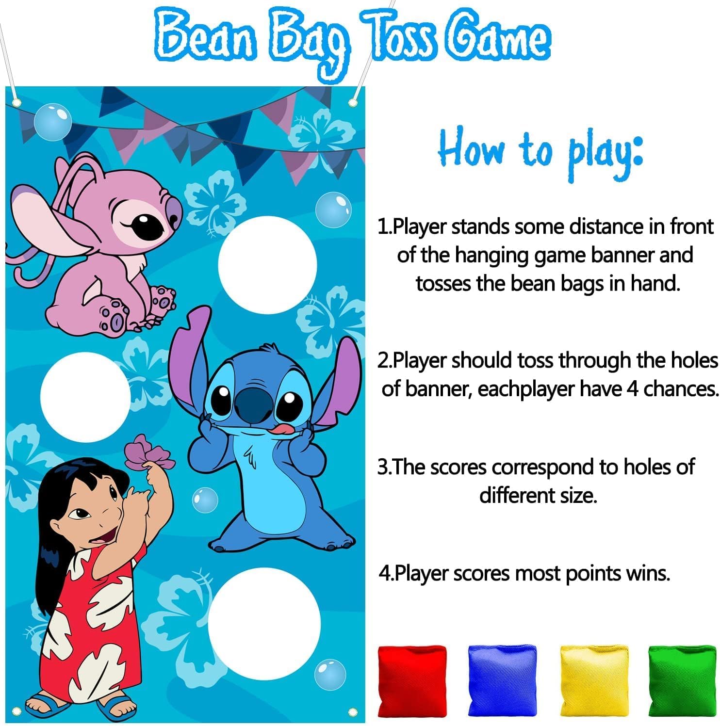 Stitch Party Supplies, Stitch Toss Games with 4 Bean Bags Set, Party Games Hanging Banner Outdoor Throwing Game for Boys Girls, Stitch Party Activities Decorations Gifts