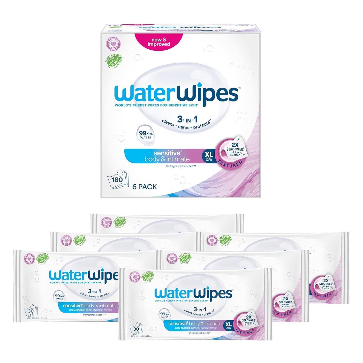 WaterWipes Sensitive+ Body & Intimate Wipes, 3-In-1 Cleans, Cares, Protects, 99.9% Water, Unscented & Hypoallergenic Hygiene Wet Wipes, Adult Care, 90 Wipes (3 Packs)