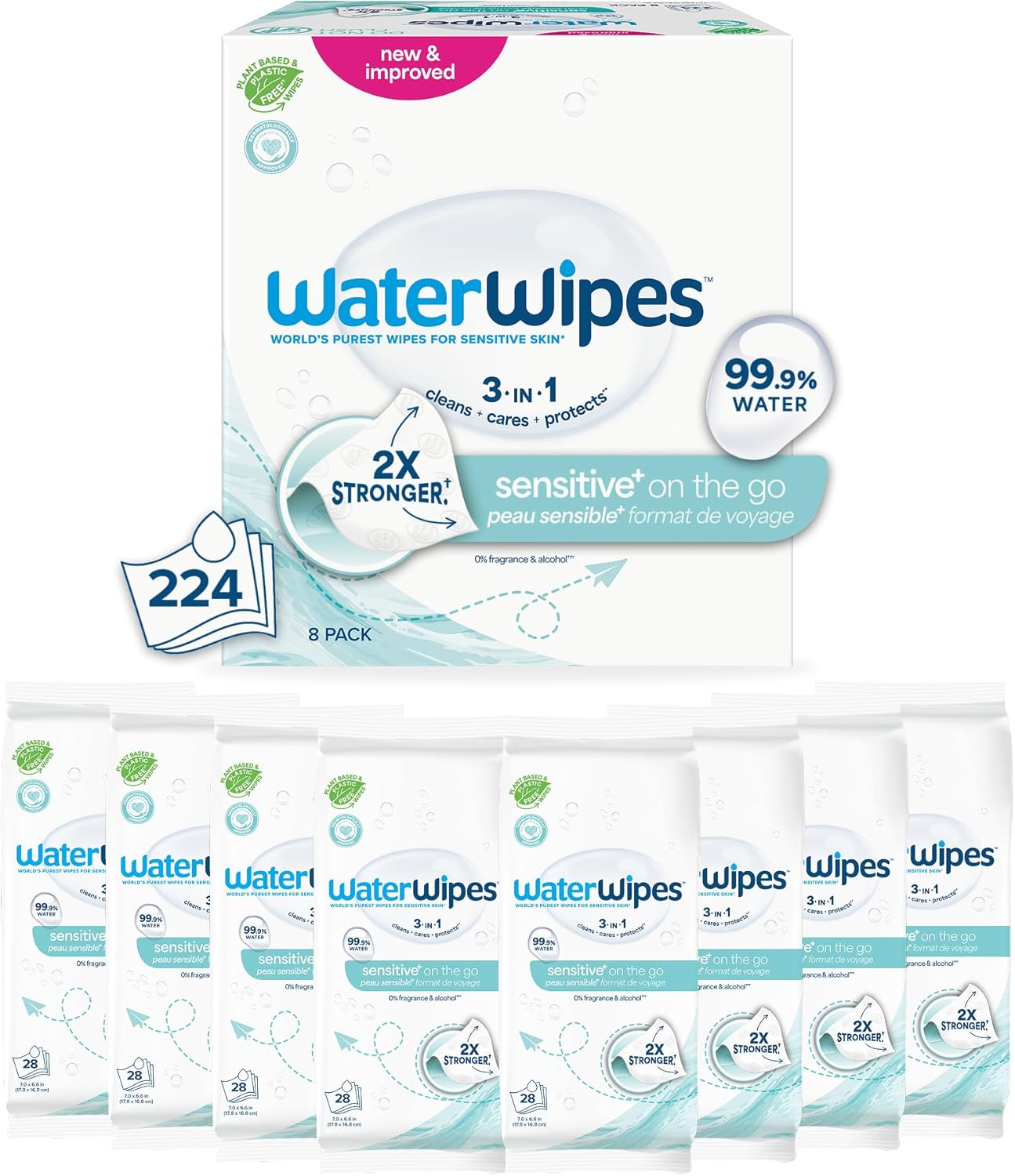 WaterWipes Sensitive+ On The Go Wipes, 3-In-1 Cleans, Cares, Protects, 99.9% Water, Unscented & Hypoallergenic Wet Wipes, 224 Count (8 Packs) 28 Count (Pack of 8)