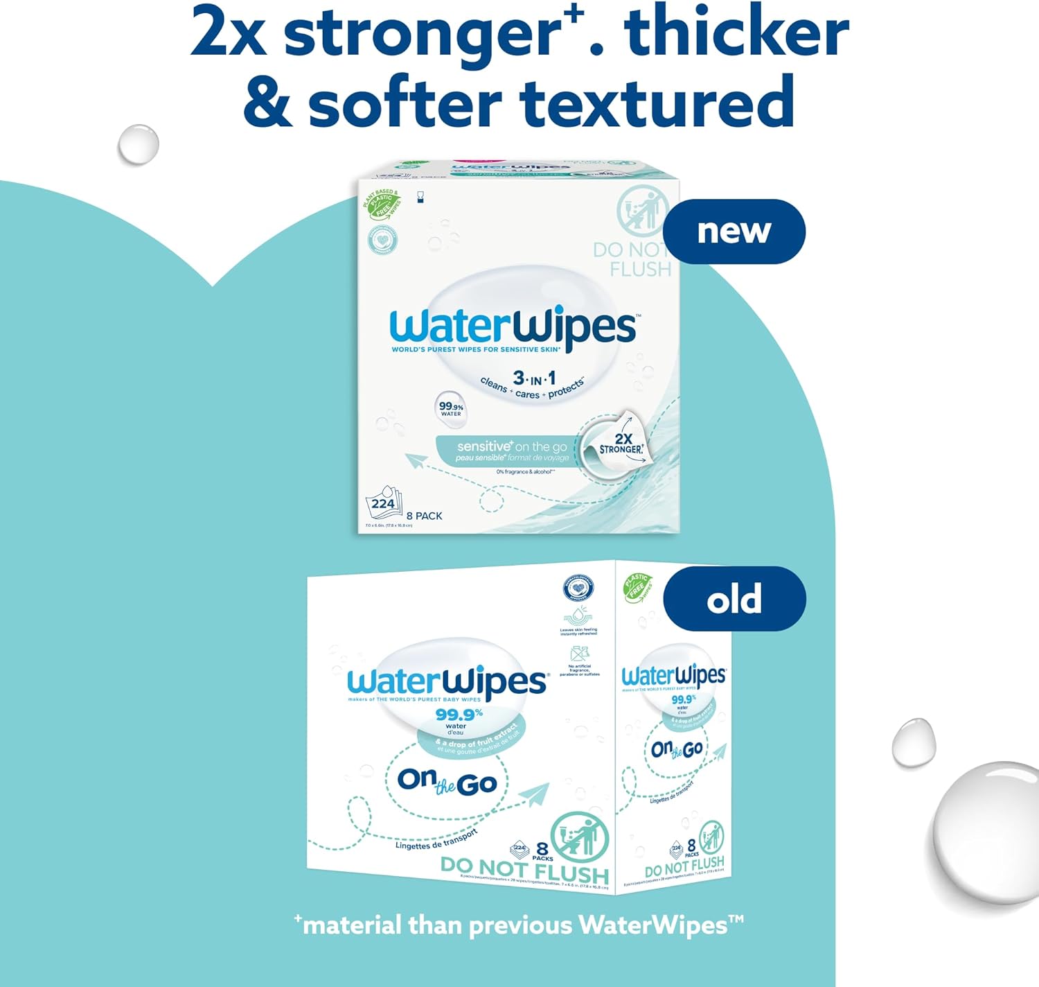 WaterWipes Sensitive+ On The Go Wipes, 3-In-1 Cleans, Cares, Protects, 99.9% Water, Unscented & Hypoallergenic Wet Wipes, 224 Count (8 Packs) 28 Count (Pack of 8)