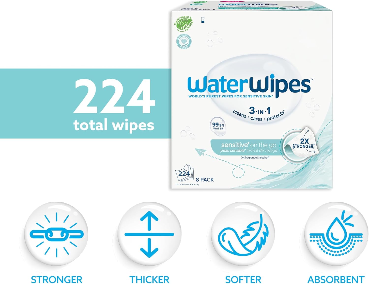 WaterWipes Sensitive+ On The Go Wipes, 3-In-1 Cleans, Cares, Protects, 99.9% Water, Unscented & Hypoallergenic Wet Wipes, 224 Count (8 Packs) 28 Count (Pack of 8)