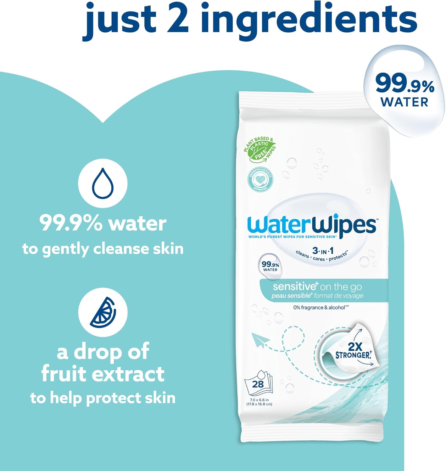 WaterWipes Sensitive+ On The Go Wipes, 3-In-1 Cleans, Cares, Protects, 99.9% Water, Unscented & Hypoallergenic Wet Wipes, 224 Count (8 Packs) 28 Count (Pack of 8)