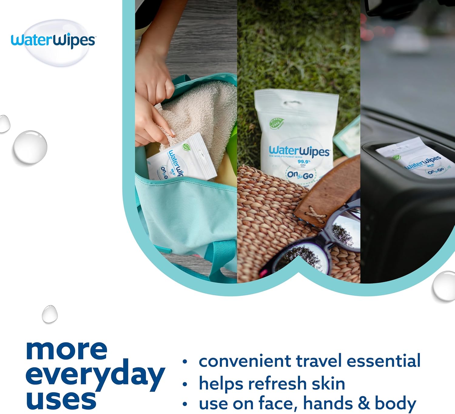 WaterWipes Sensitive+ On The Go Wipes, 3-In-1 Cleans, Cares, Protects, 99.9% Water, Unscented & Hypoallergenic Wet Wipes, 224 Count (8 Packs) 28 Count (Pack of 8)