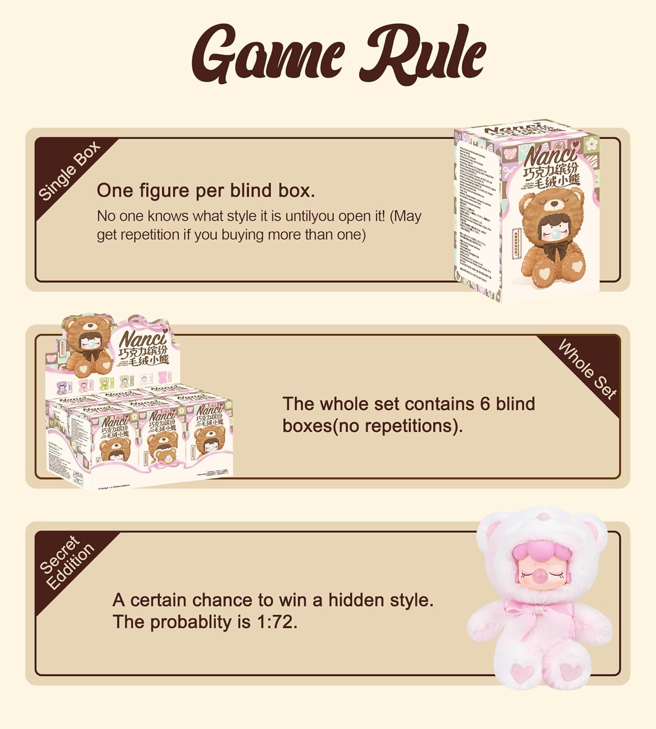 ROBOTIME Plush Doll Blind Box Figure,7 Inches Cute Anime Plush Doll Mystery Box Popular Collectible Toy Creative Kits for Birthday Gifts/Christmas Holiday Chocolate Colorful Plush Bear (1 pcs)