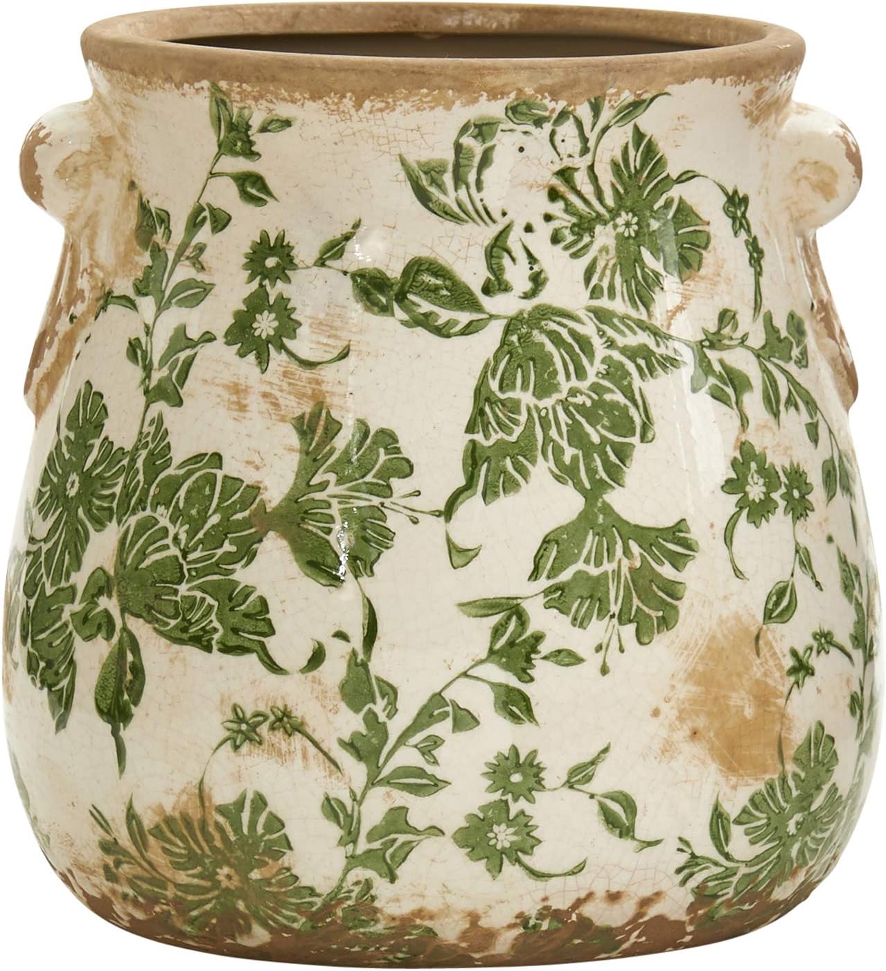 Nearly Natural 6.5in. Indoor Tuscan Ceramic Green Scroll Decorative Vase 6.5 in. W x 6.5 in. D x 6.5 in. H