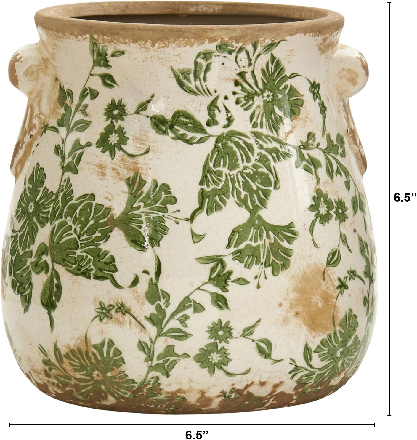Nearly Natural 6.5in. Indoor Tuscan Ceramic Green Scroll Decorative Vase 6.5 in. W x 6.5 in. D x 6.5 in. H