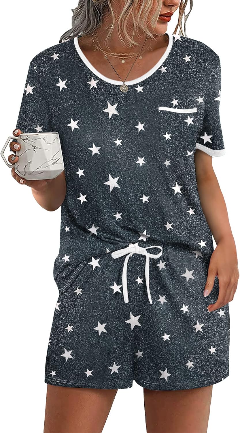 Ekouaer Pajama Set for Women 2 Piece Lounge Set Short Sleeve Tops and Shorts Soft Sleepwear, Chest Pocket Medium Grey Stars