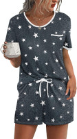 Ekouaer Pajama Set for Women 2 Piece Lounge Set Short Sleeve Tops and Shorts Soft Sleepwear, Chest Pocket Medium Grey Stars