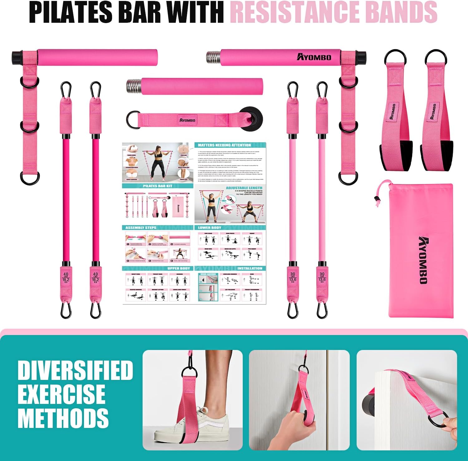 Pilates Bar Kit with Resistance Bands, Pilates Workout Equipment for Legs, Hip, Waist, Arm, Squats Exercise Equipment for Home Workouts, Adjustable 3-Section Pilates Bar Kit for Women & Men 1-Pink New-140LBS