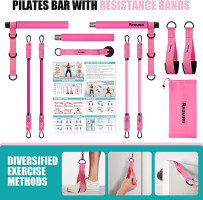 Pilates Bar Kit with Resistance Bands, Pilates Workout Equipment for Legs, Hip, Waist, Arm, Squats Exercise Equipment for Home Workouts, Adjustable 3-Section Pilates Bar Kit for Women & Men 1-Pink New-140LBS