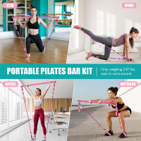 Pilates Bar Kit with Resistance Bands, Pilates Workout Equipment for Legs, Hip, Waist, Arm, Squats Exercise Equipment for Home Workouts, Adjustable 3-Section Pilates Bar Kit for Women & Men 1-Pink New-140LBS