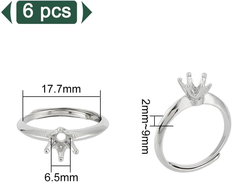 6 Pcs Brass Ring Bases, Adjustable Prong Ring Settings Platinum Ring Blank Finger Ring Findings for Crafting Jewelry Making