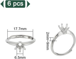 6 Pcs Brass Ring Bases, Adjustable Prong Ring Settings Platinum Ring Blank Finger Ring Findings for Crafting Jewelry Making