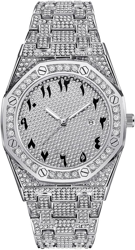 Hip Hop Watches for Men Octagon Iced-Out Bling Diamond Luxury Quartz Watches with Date Silver