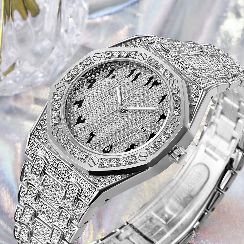 Hip Hop Watches for Men Octagon Iced-Out Bling Diamond Luxury Quartz Watches with Date Silver