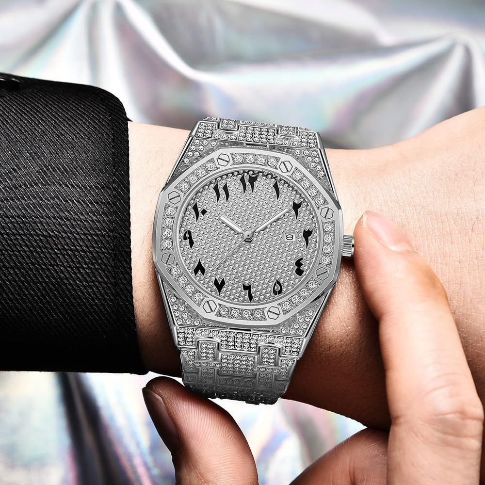Hip Hop Watches for Men Octagon Iced-Out Bling Diamond Luxury Quartz Watches with Date Silver