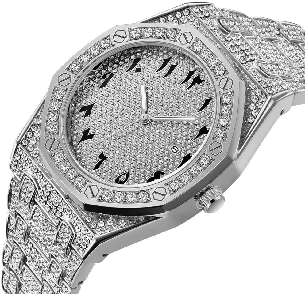 Hip Hop Watches for Men Octagon Iced-Out Bling Diamond Luxury Quartz Watches with Date Silver