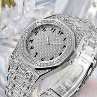 Hip Hop Watches for Men Octagon Iced-Out Bling Diamond Luxury Quartz Watches with Date Silver