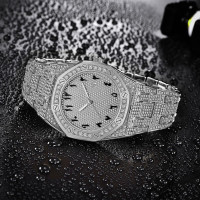 Hip Hop Watches for Men Octagon Iced-Out Bling Diamond Luxury Quartz Watches with Date Silver