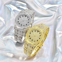 Hip Hop Watches for Men Octagon Iced-Out Bling Diamond Luxury Quartz Watches with Date Silver