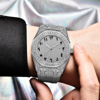 Hip Hop Watches for Men Octagon Iced-Out Bling Diamond Luxury Quartz Watches with Date Silver