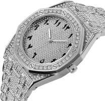 Hip Hop Watches for Men Octagon Iced-Out Bling Diamond Luxury Quartz Watches with Date Silver