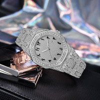Hip Hop Watches for Men Octagon Iced-Out Bling Diamond Luxury Quartz Watches with Date Silver