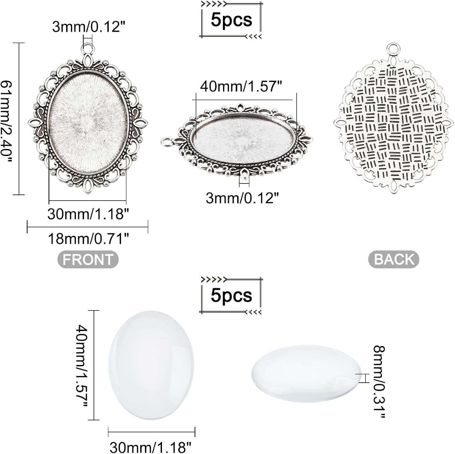 PH PandaHall Pendant Trays Set Wedding Bouquet Photo Charms Antique Silver Memory Charm Pendant Bezels Cabochon Blanks Settings 30x40mm Oval Glass Cabochon for Jewelry Making Wedding Graduation 5Sets Antique Silver Oval - 5 Sets