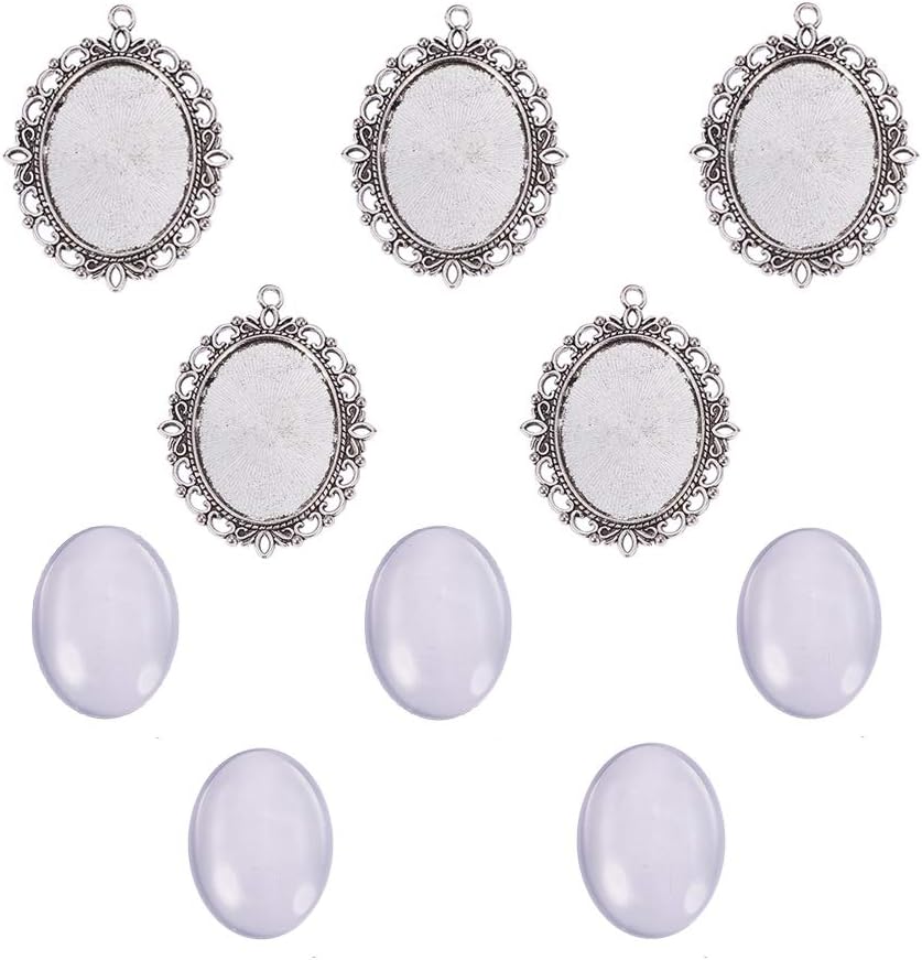 PH PandaHall Pendant Trays Set Wedding Bouquet Photo Charms Antique Silver Memory Charm Pendant Bezels Cabochon Blanks Settings 30x40mm Oval Glass Cabochon for Jewelry Making Wedding Graduation 5Sets Antique Silver Oval - 5 Sets
