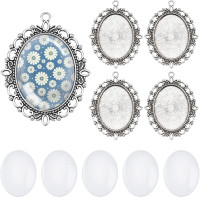 PH PandaHall Pendant Trays Set Wedding Bouquet Photo Charms Antique Silver Memory Charm Pendant Bezels Cabochon Blanks Settings 30x40mm Oval Glass Cabochon for Jewelry Making Wedding Graduation 5Sets Antique Silver Oval - 5 Sets