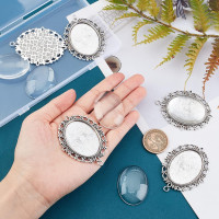 PH PandaHall Pendant Trays Set Wedding Bouquet Photo Charms Antique Silver Memory Charm Pendant Bezels Cabochon Blanks Settings 30x40mm Oval Glass Cabochon for Jewelry Making Wedding Graduation 5Sets Antique Silver Oval - 5 Sets