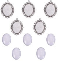PH PandaHall Pendant Trays Set Wedding Bouquet Photo Charms Antique Silver Memory Charm Pendant Bezels Cabochon Blanks Settings 30x40mm Oval Glass Cabochon for Jewelry Making Wedding Graduation 5Sets Antique Silver Oval - 5 Sets