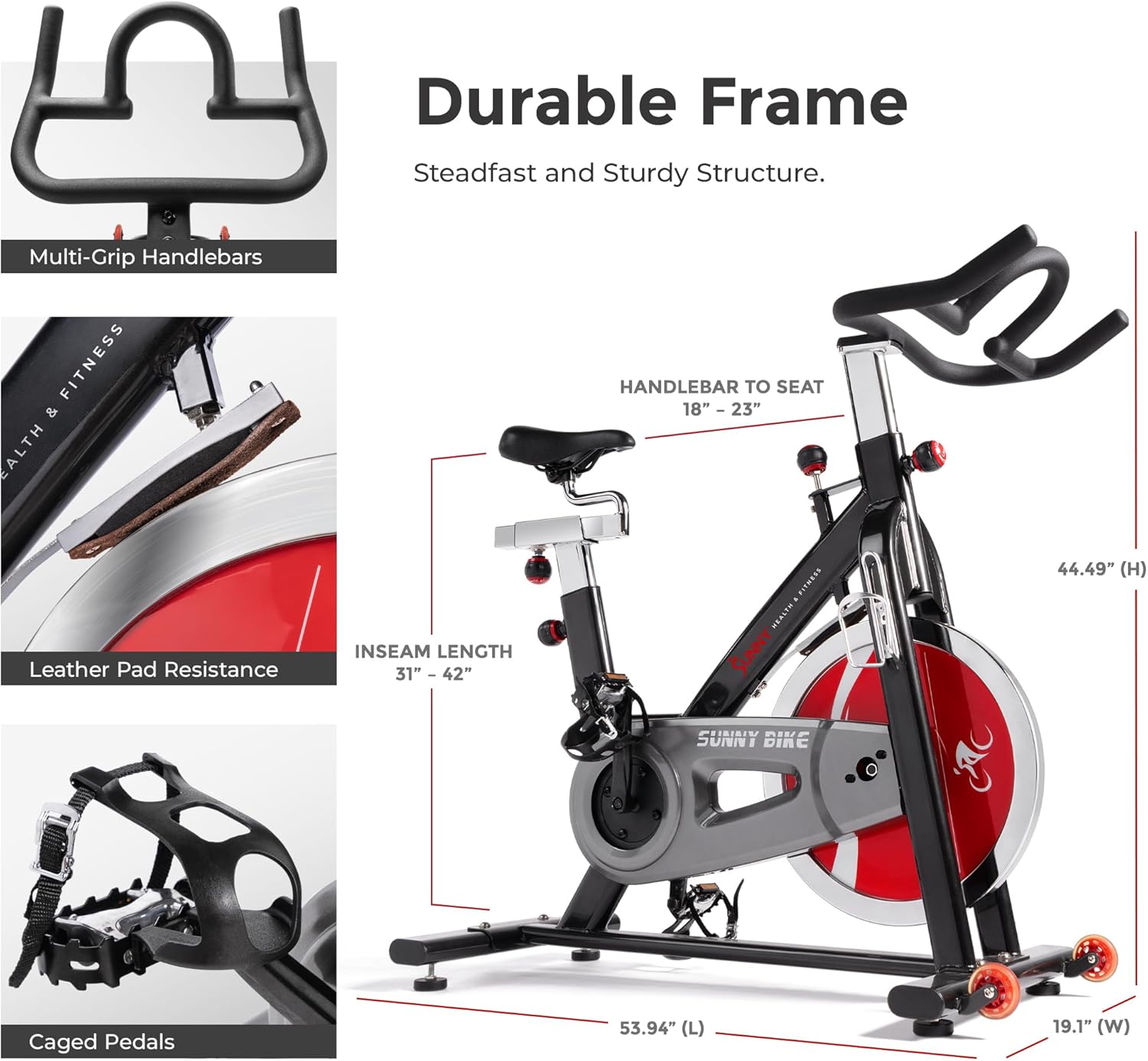 Sunny Health & Fitness Heavy-Duty Indoor Stationary Exercise Bike w/49 LB Flywheel & 275LB Capacity, 4-Way Adjustable Seat & Multi-Grip Handlebar for Cardio Training & Cycling workout at Home Classic 49LB Flywheel