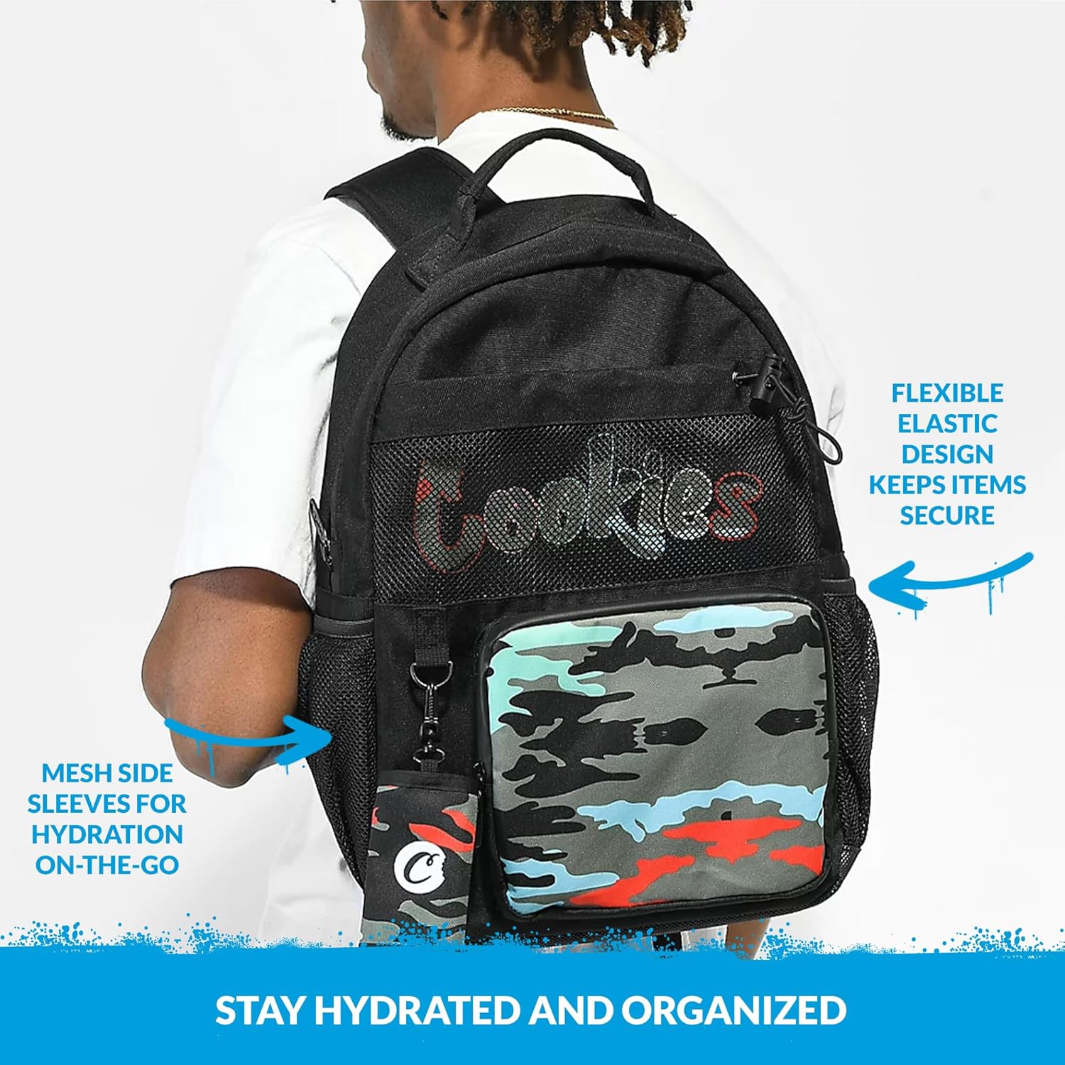 COOKIES Escobar Smell Proof Backpack – Odor-Blocking Travel Bag with Laptop Sleeve, Front Camo Pocket & Side Bottle Holders – Durable Streetwear Backpack for School, Work & Everyday Use – Green Camo