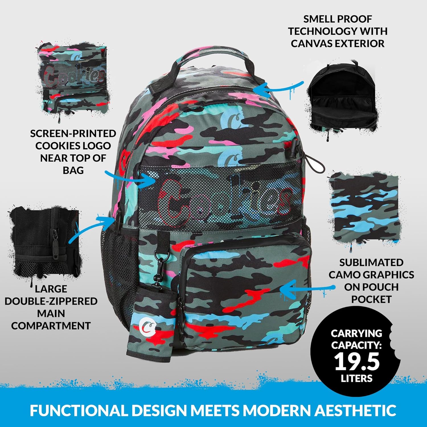 COOKIES Escobar Smell Proof Backpack – Odor-Blocking Travel Bag with Laptop Sleeve, Front Camo Pocket & Side Bottle Holders – Durable Streetwear Backpack for School, Work & Everyday Use – Green Camo