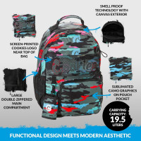 COOKIES Escobar Smell Proof Backpack – Odor-Blocking Travel Bag with Laptop Sleeve, Front Camo Pocket & Side Bottle Holders – Durable Streetwear Backpack for School, Work & Everyday Use – Green Camo