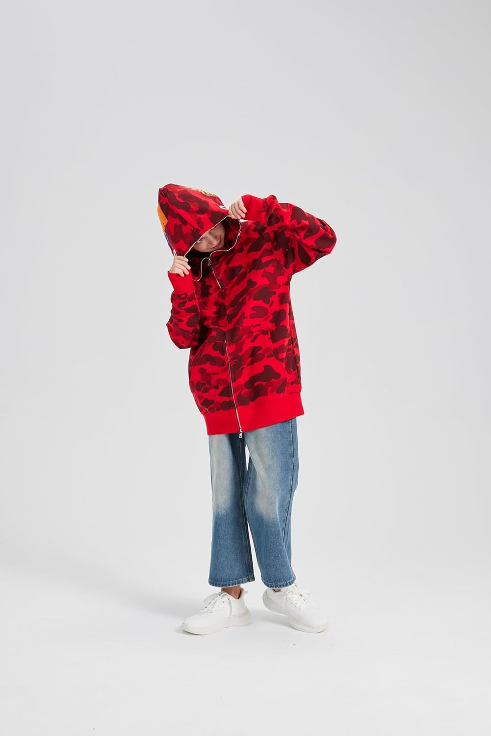 Unisex Camouflage Hoodie with Shark Embroidery, Full Zip, Lightweight Couple sweatshirts heavyweight hoodie X-Large Red