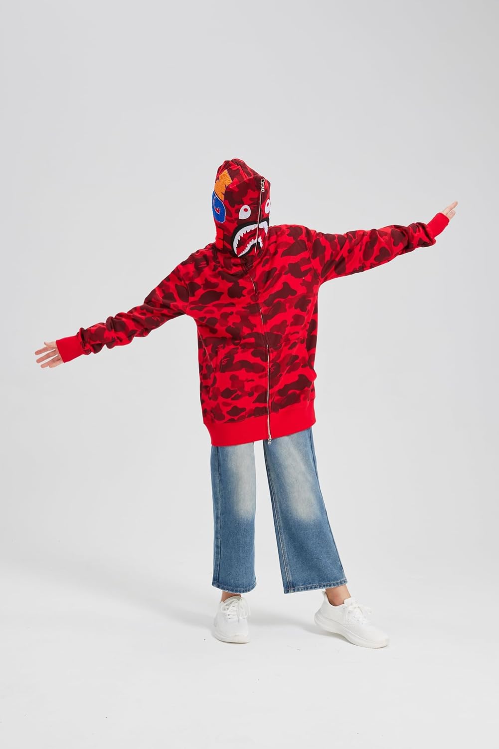 Unisex Camouflage Hoodie with Shark Embroidery, Full Zip, Lightweight Couple sweatshirts heavyweight hoodie X-Large Red