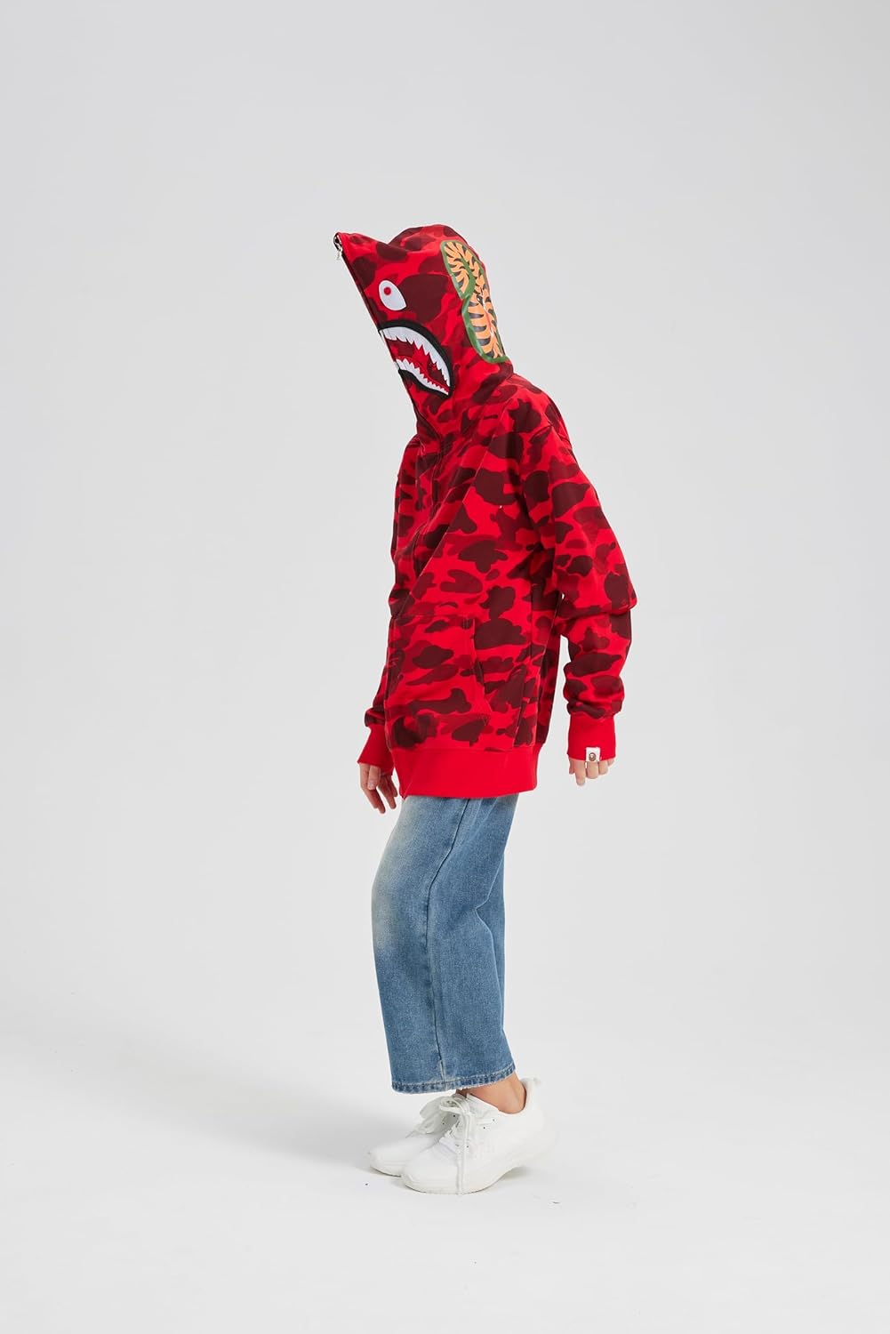 Unisex Camouflage Hoodie with Shark Embroidery, Full Zip, Lightweight Couple sweatshirts heavyweight hoodie X-Large Red