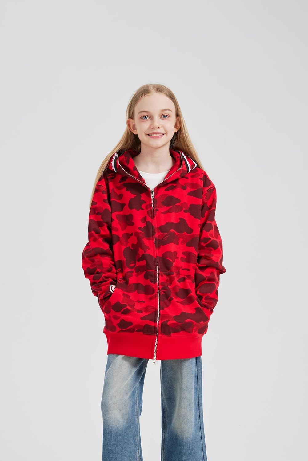 Unisex Camouflage Hoodie with Shark Embroidery, Full Zip, Lightweight Couple sweatshirts heavyweight hoodie X-Large Red